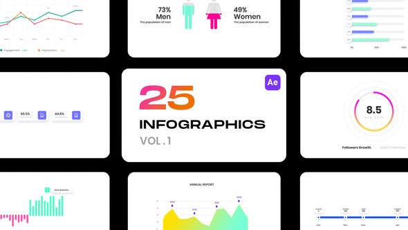 AE模板-25个彩色精美信息数据图表动画 Infographics Vol.1