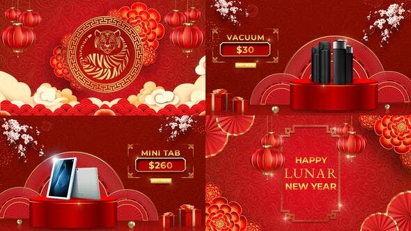 AE模板-2022新春虎年红色喜庆礼物商品特卖展示介绍片头Chinese New Year Sale