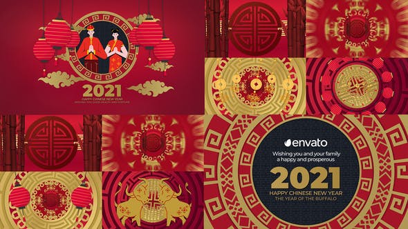 AE模板-中国剪纸风格2021新年快乐春节过年喜庆开场片头