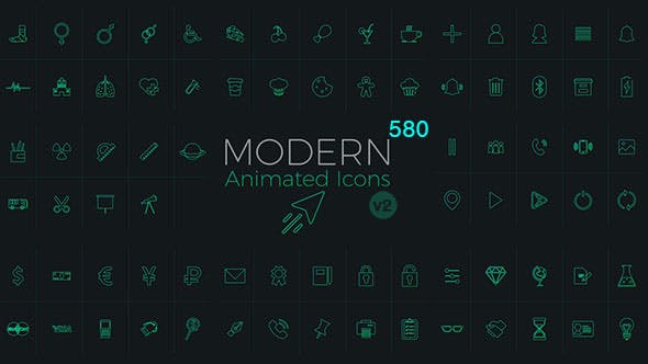 AE模板-580个网络媒体生活购物食物器材工具箭头天气图标动画 Modern Animated Icons Library