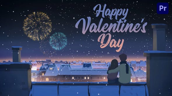 AE/PR模板-浪漫情人节二维场景卡通人物动画片头Happy Valentine’s Day Card Animation