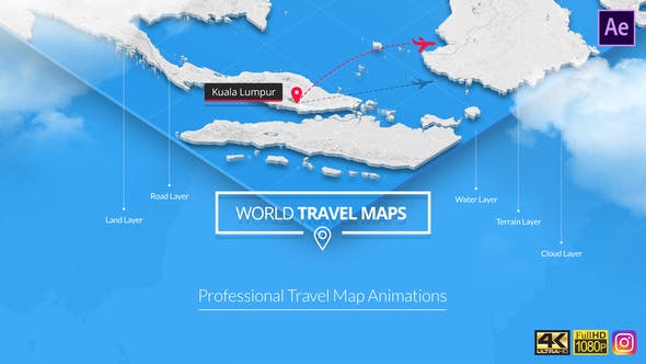 AE模板-世界地图旅行导航交通运输出行定点坐标连线动画 World Travel Maps