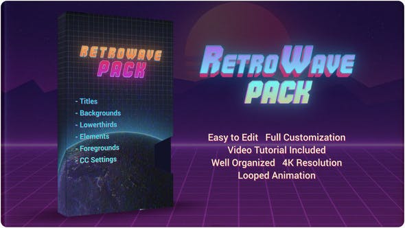 AE模板-80年代复古文字标题背景图形元素场景动画 Retro Wave Pack