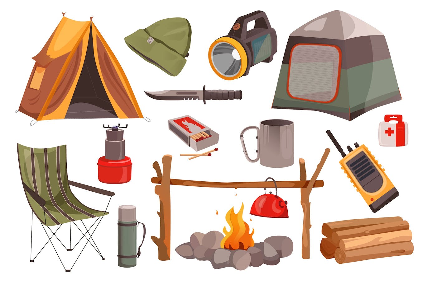 露营远足旅行元素矢量插画 Camping Hiking Set-1