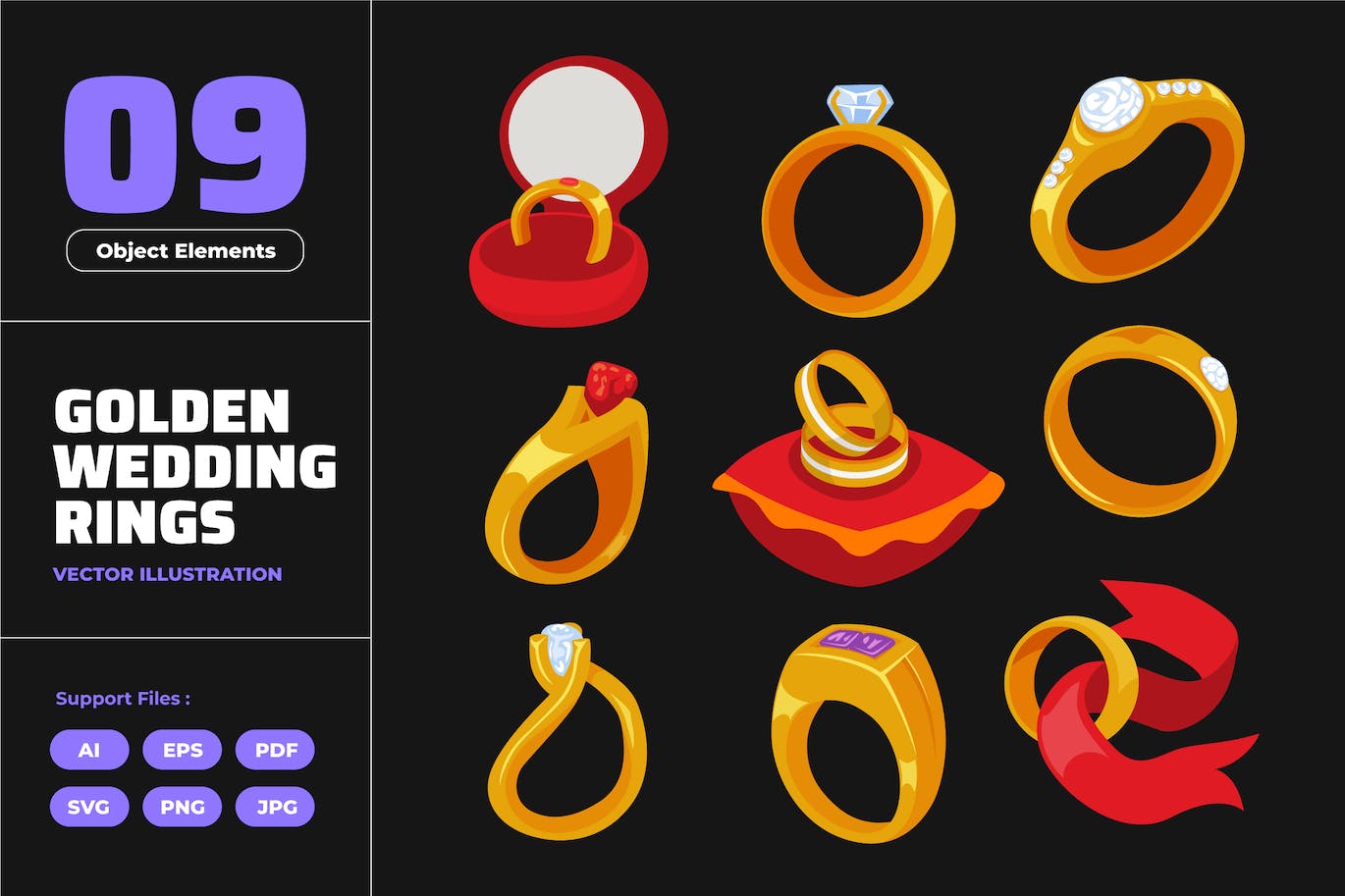 多种黄金结婚戒指矢量插画 Various Gold Wedding Rings-1