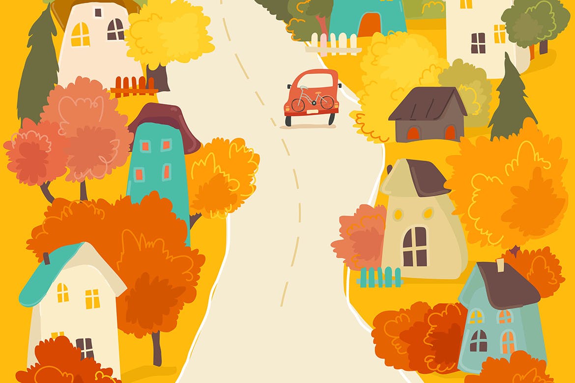 色彩缤纷房子与秋天树木可爱卡通插画 Cute Cartoon Colorful Houses with Autumn Trees.-1