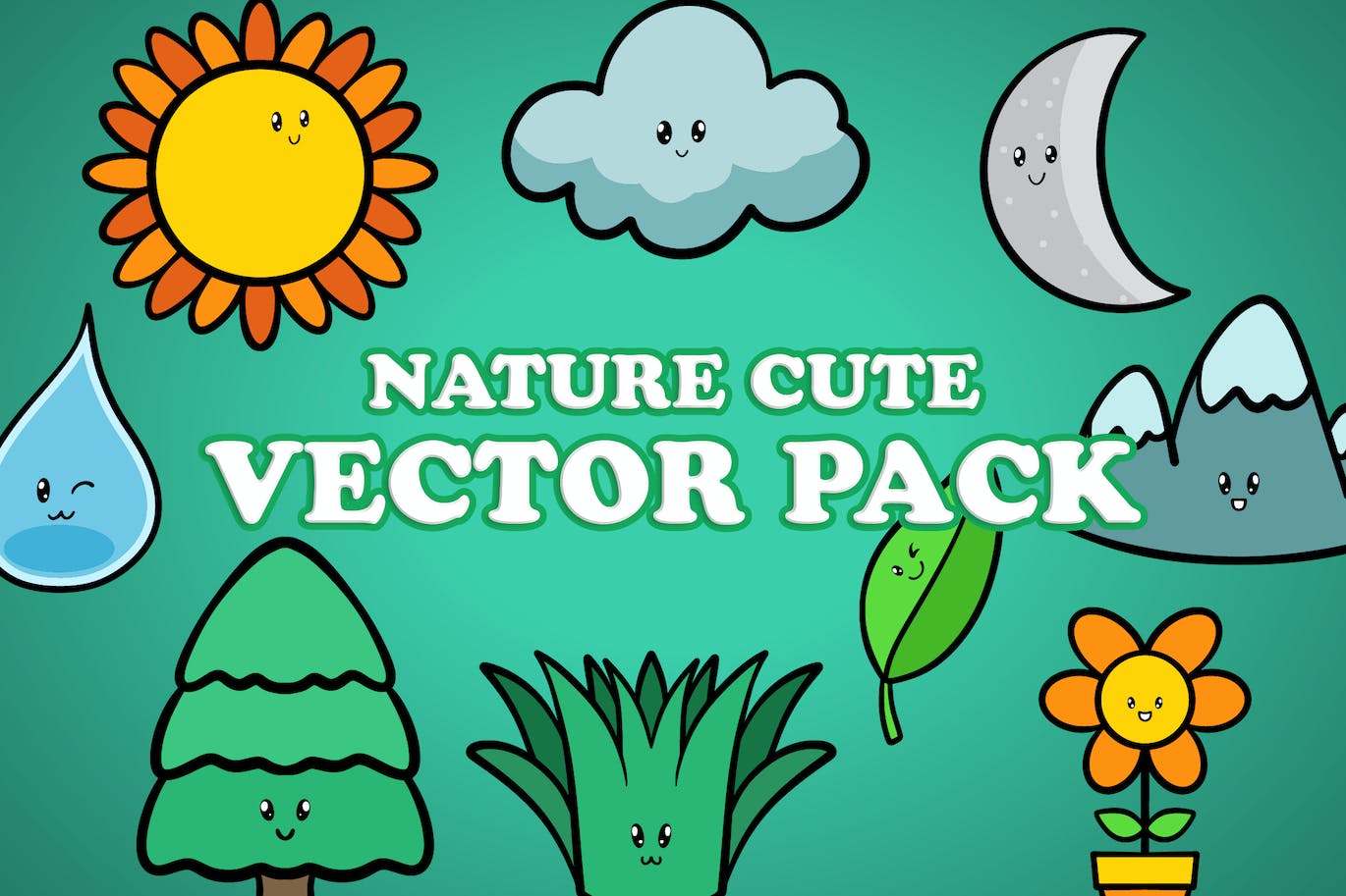 可爱的自然元素矢量插画素材 Cute Nature Element Character Vector Pack-1