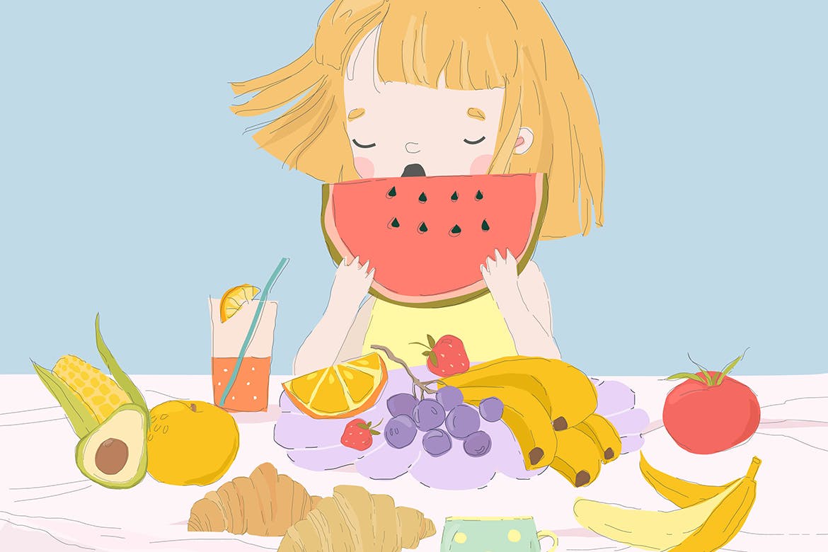 快乐的女孩吃西瓜矢量插画 Happy Girl eating Watermelon. Summer fFresh Food,-1