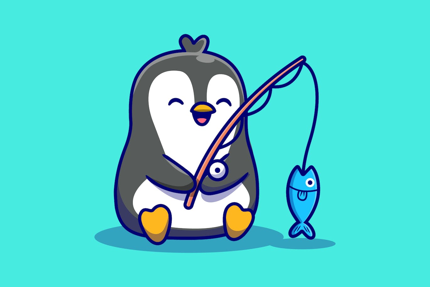 可爱的企鹅钓鱼卡通插画 Cute Penguin Fishing Cartoon Illustration-1