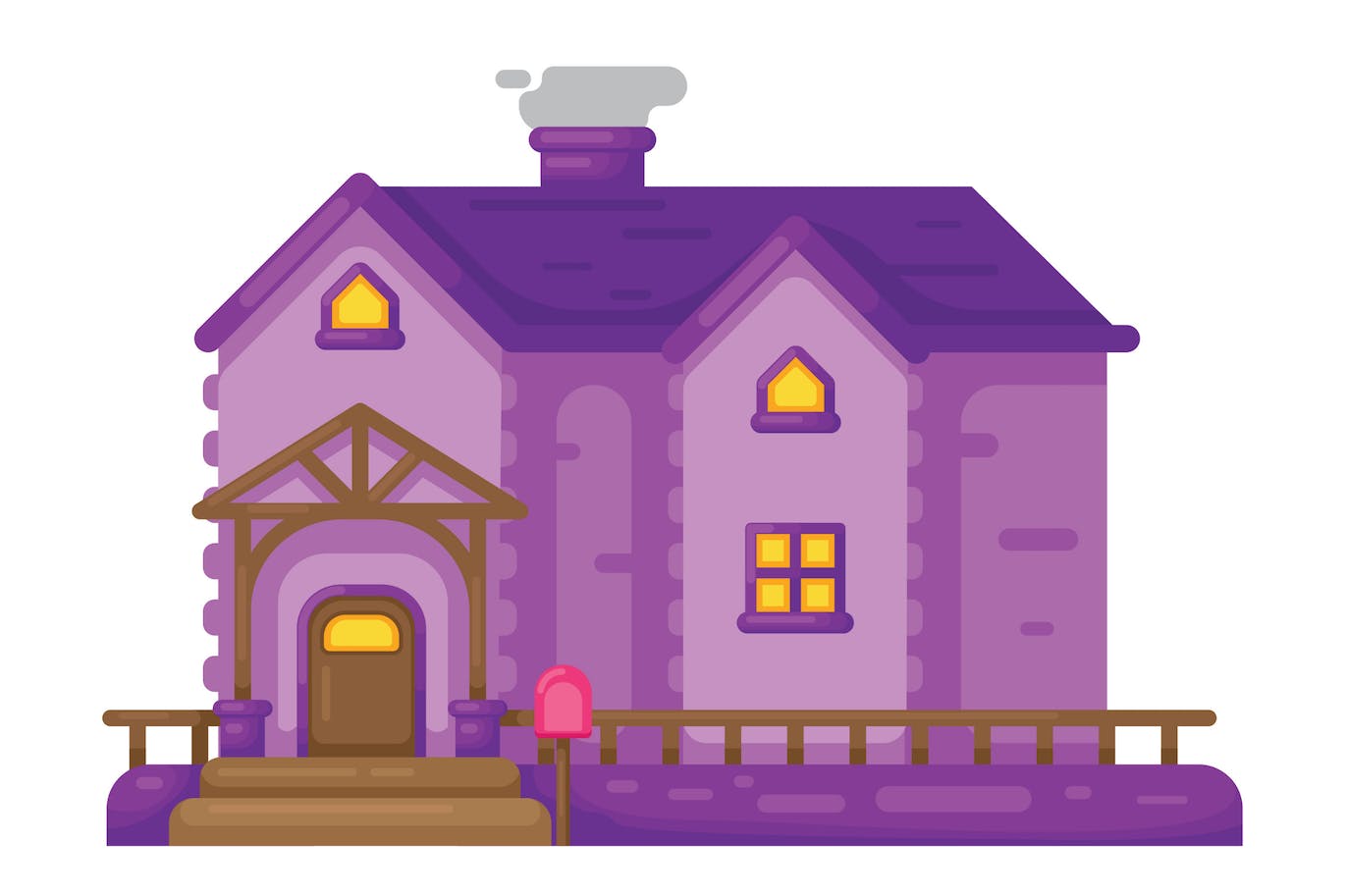 带木门廊的深紫色鬼屋矢量插画 Dark Purple Haunted House with Wooden Porch.-1
