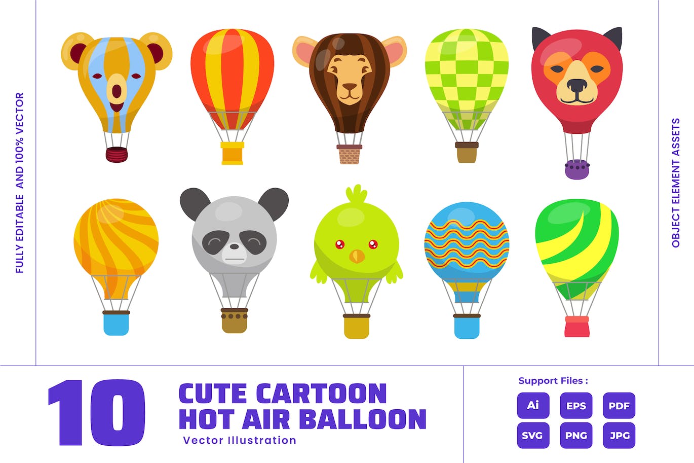 热气球可爱卡通矢量图形 Hot Air Balloon – Cute Animal Vacation Transport-1