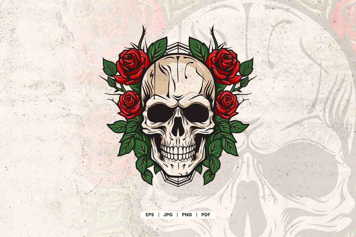 骷髅头和玫瑰花插画 Skull and Roses Illustration-1