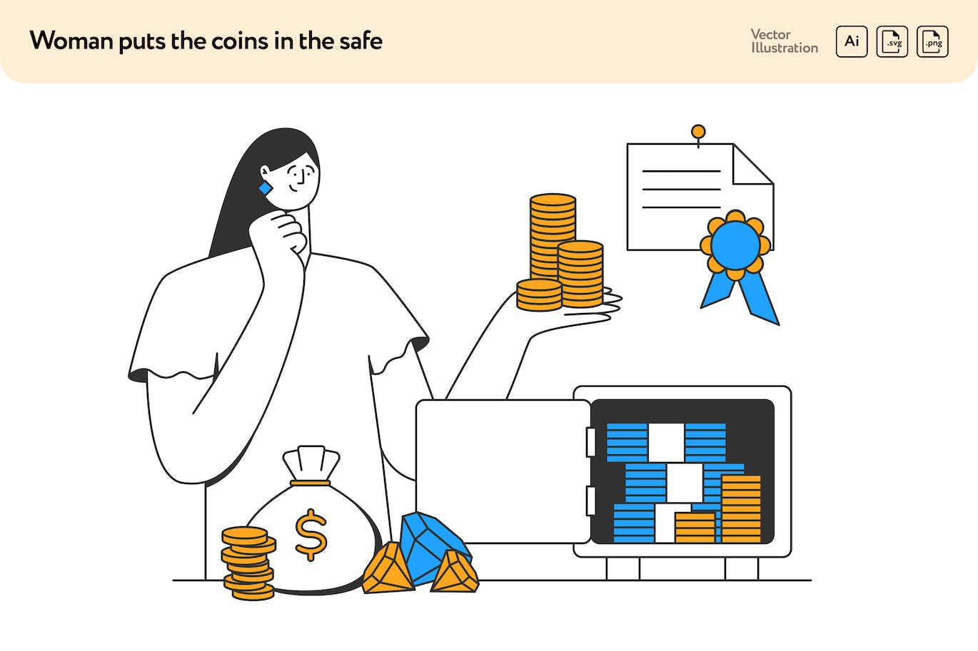 保险存钱概念矢量插画素材 Woman Puts the Coins in the Safe-1