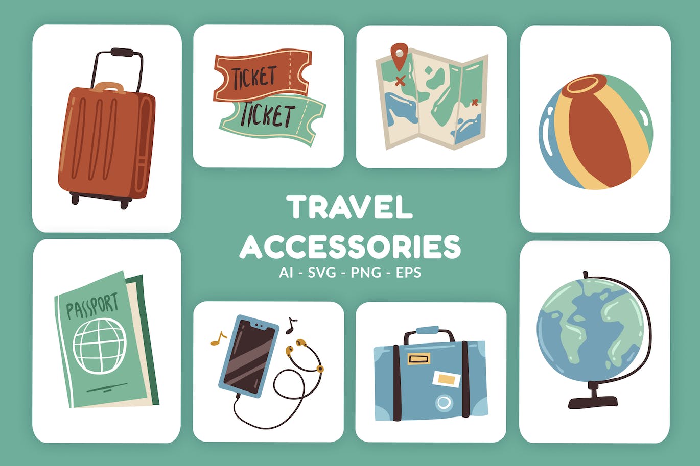 旅行配件矢量插画v1 Travel Accessories Vector Illustration-1