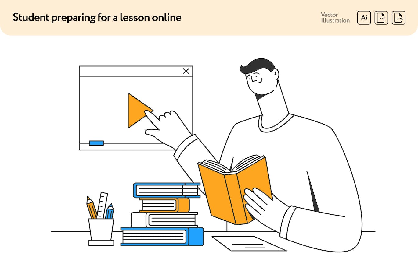 学生在线备课矢量插画素材 Student Preparing for a Lesson Online-1