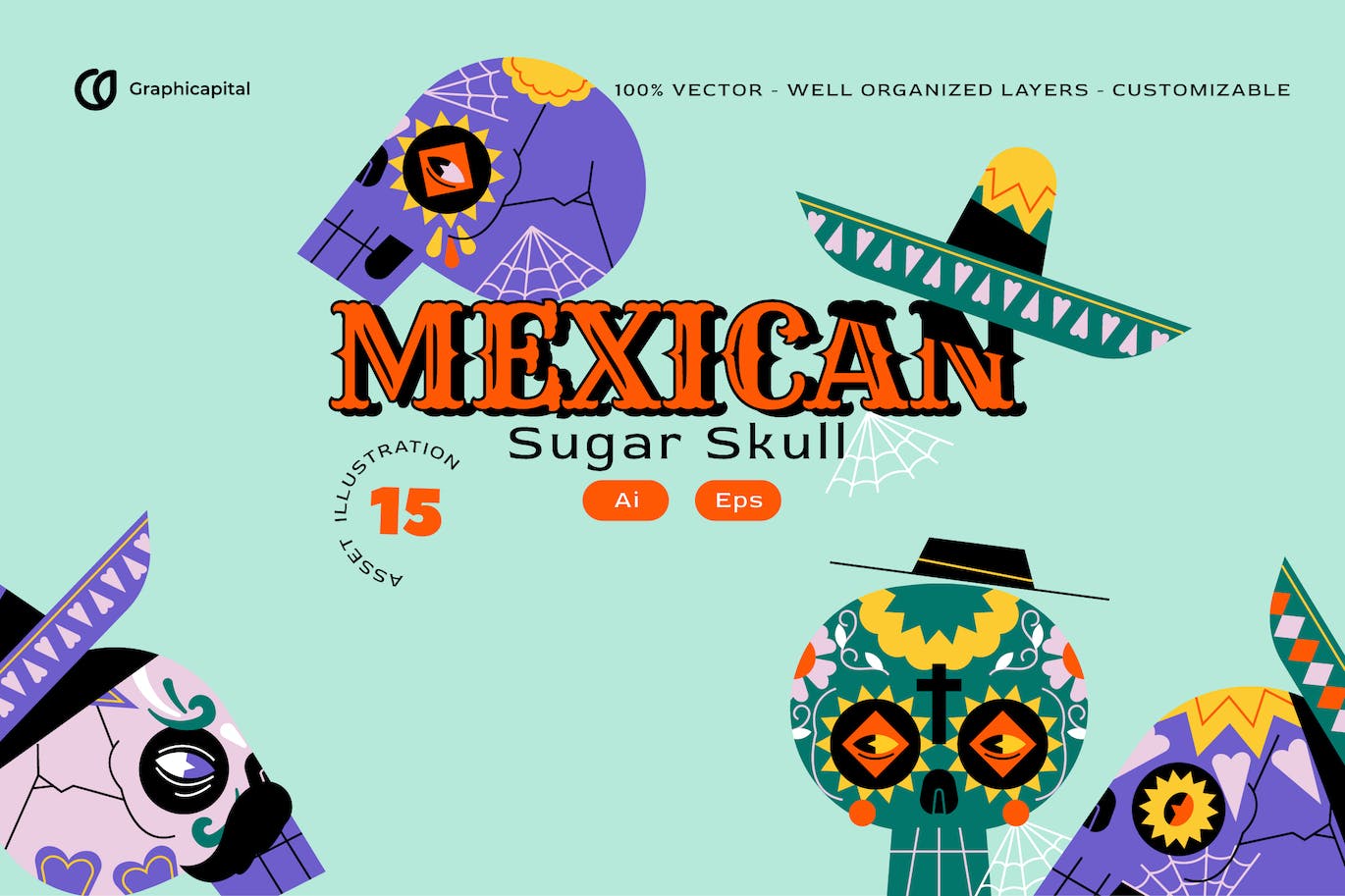 扁平设计骷髅头墨西哥矢量插画集 Pink Flat Design Skull Mexican Illustration Set-1