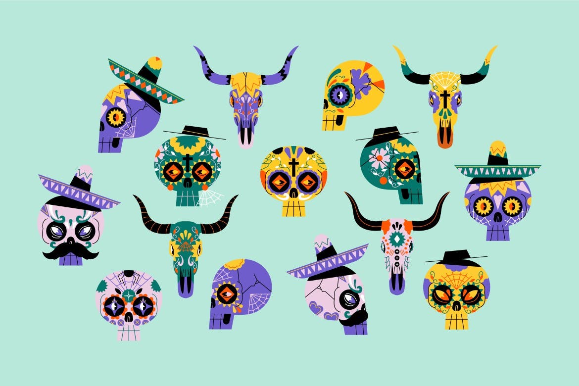 扁平设计骷髅头墨西哥矢量插画集 Pink Flat Design Skull Mexican Illustration Set-6