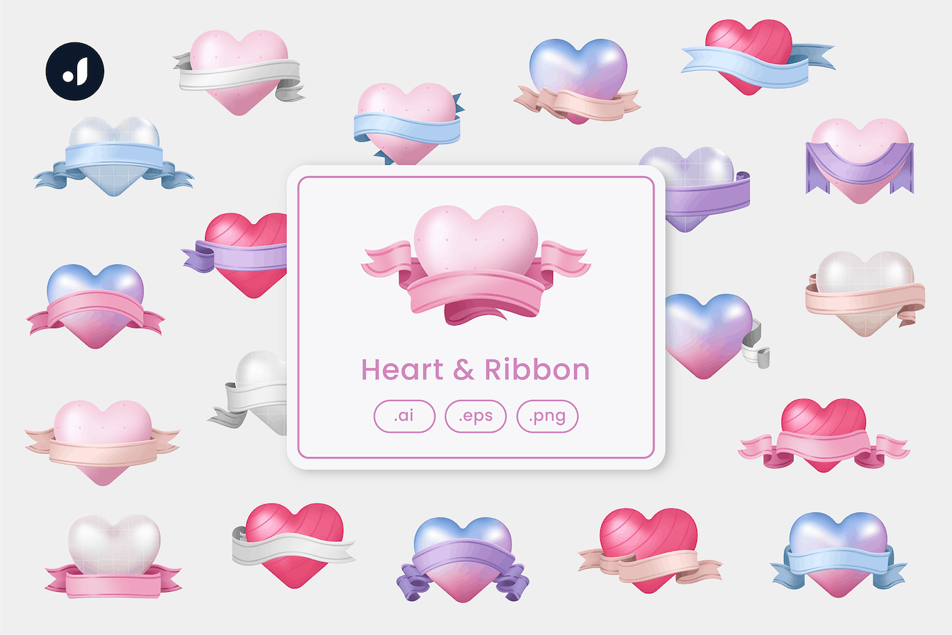 丝带爱心情人节元素插画 Heart & Ribbon Illustration-1