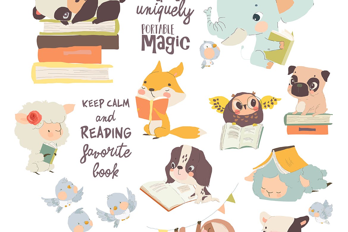 可爱的卡通动物阅读书籍矢量插画集 Vector Set of Cute Cartoon Animals reading Books-1