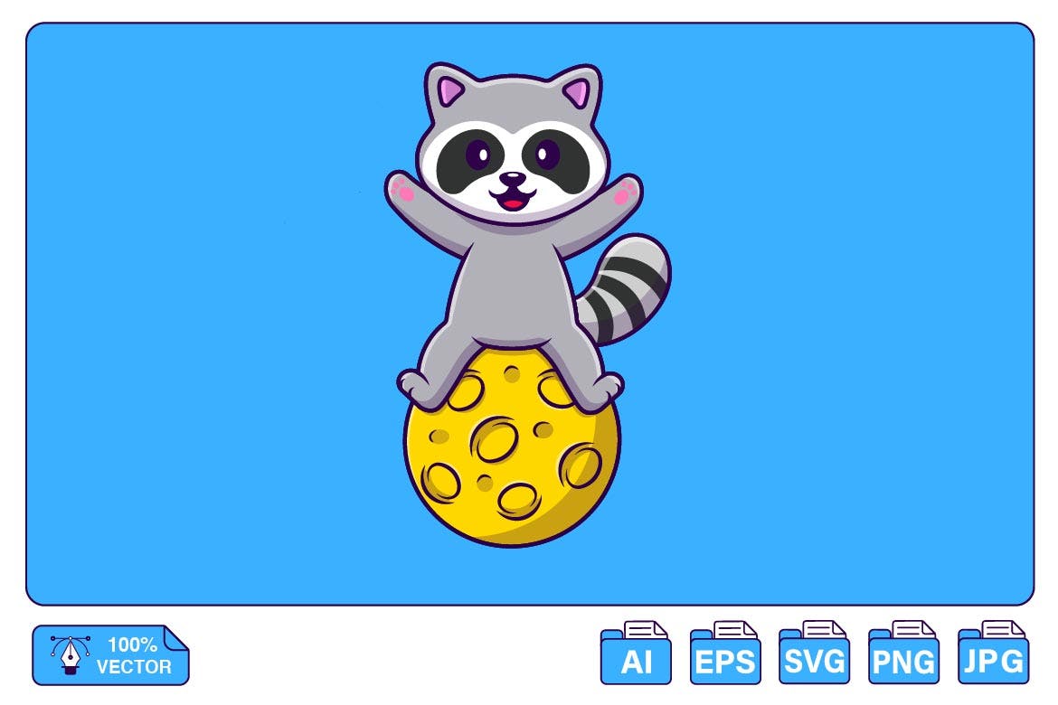 可爱的浣熊漫画矢量插画 Cute Raccoon Sitting On Moon Cartoon-1