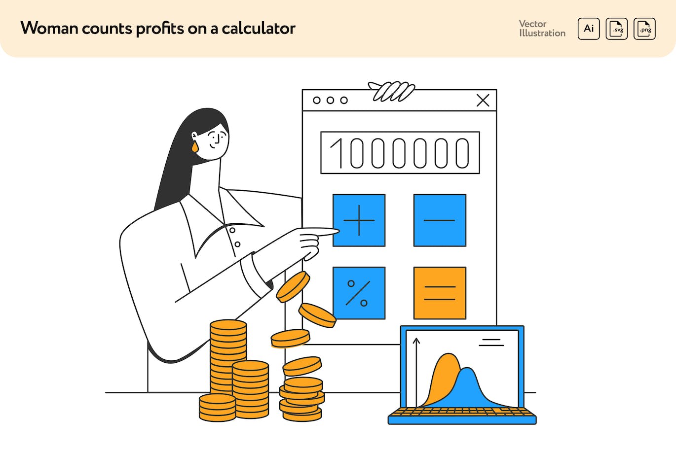 利润计算概念矢量插画素材 Woman Counts Profits on a Calculator-1