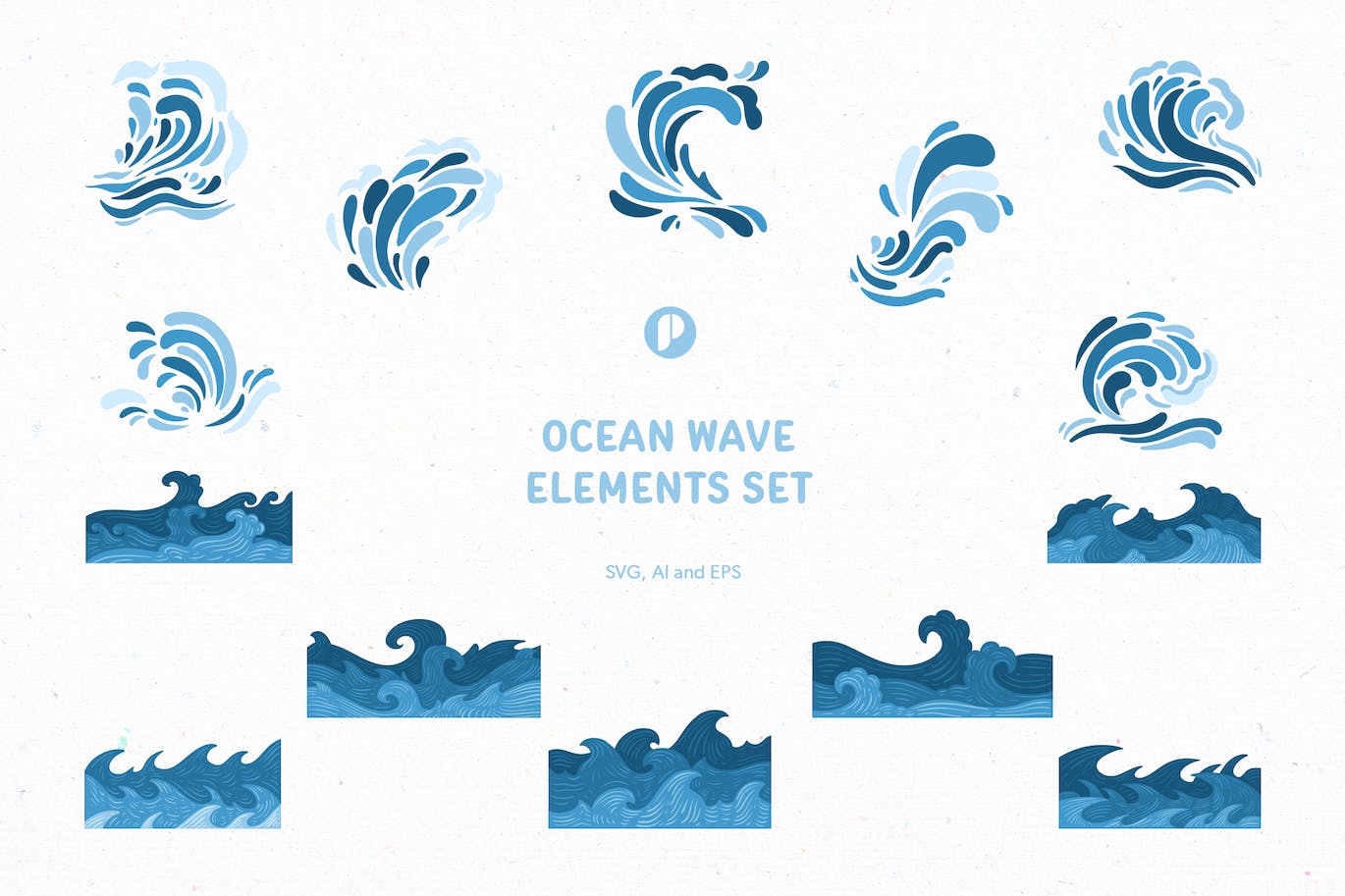 蓝色海洋波浪元素插画集 Blue Ocean Wave Element Illustration Set-1