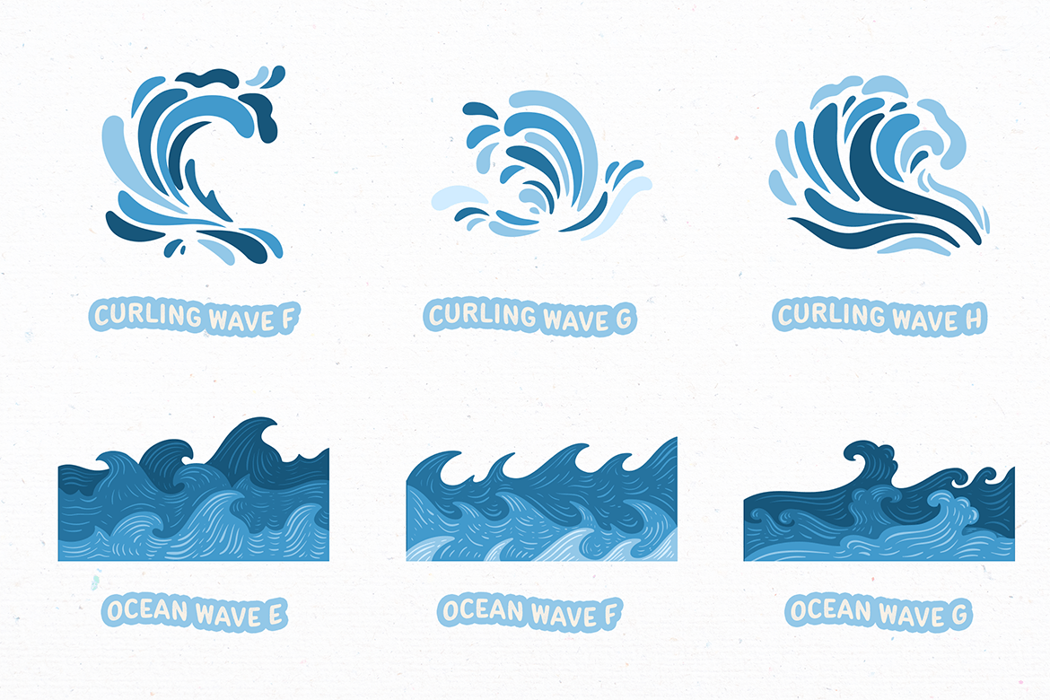 蓝色海洋波浪元素插画集 Blue Ocean Wave Element Illustration Set-2