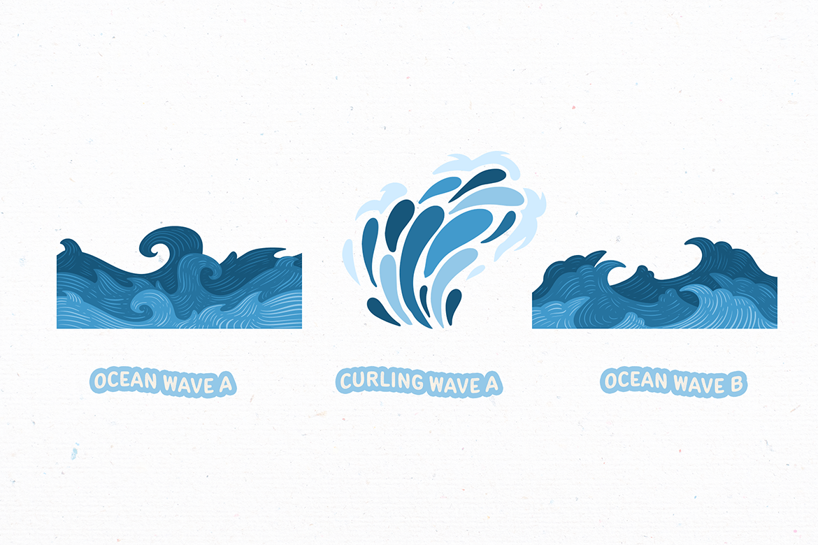 蓝色海洋波浪元素插画集 Blue Ocean Wave Element Illustration Set-3