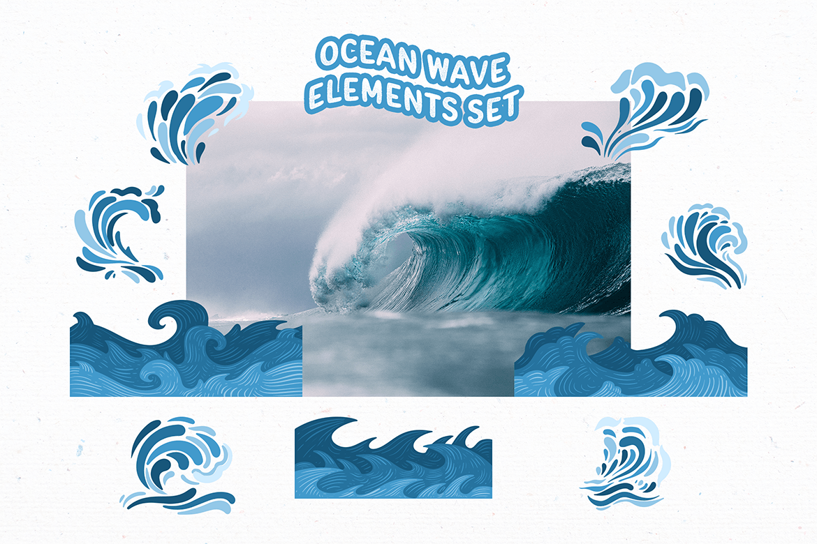 蓝色海洋波浪元素插画集 Blue Ocean Wave Element Illustration Set-4