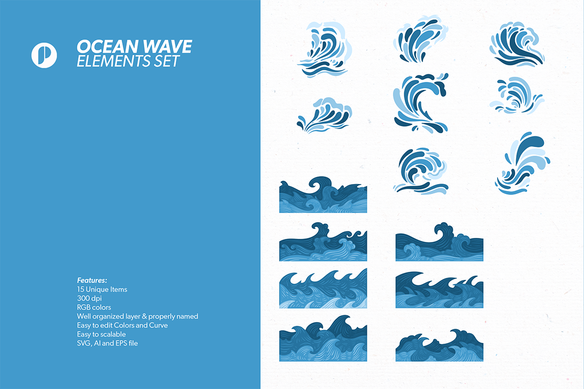 蓝色海洋波浪元素插画集 Blue Ocean Wave Element Illustration Set-5