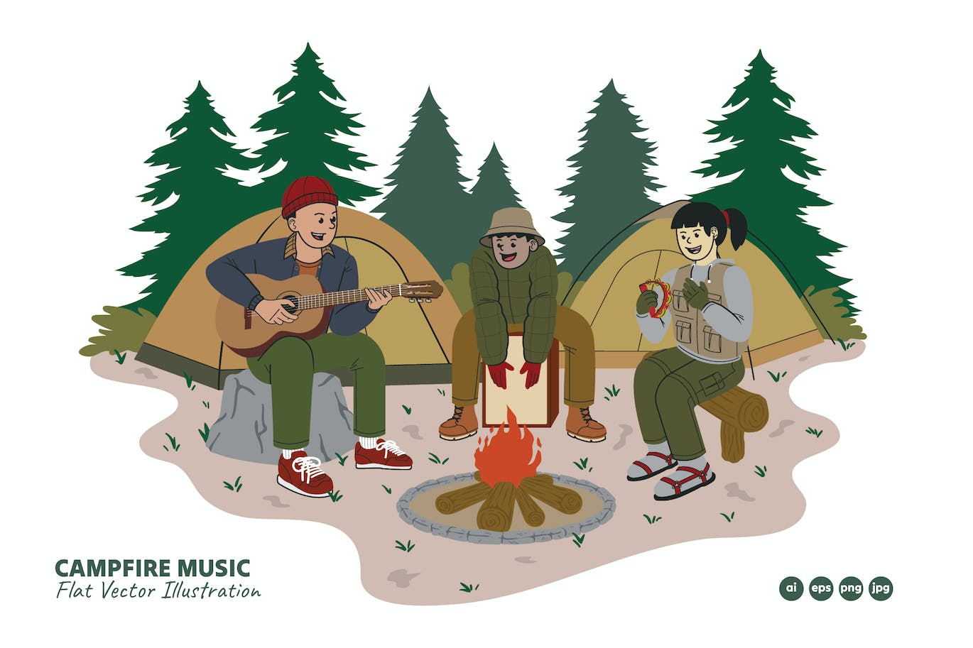 篝火音乐活动场景矢量插画 Campfire Music People Vector Illustration-1