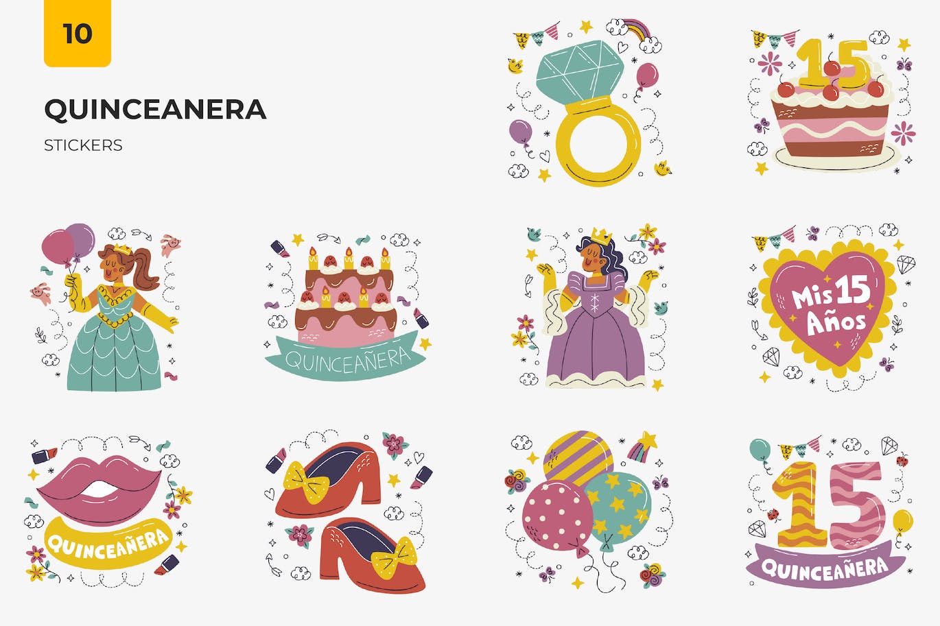 成人礼主题贴纸图案矢量插画 Quinceanera Stickers-1
