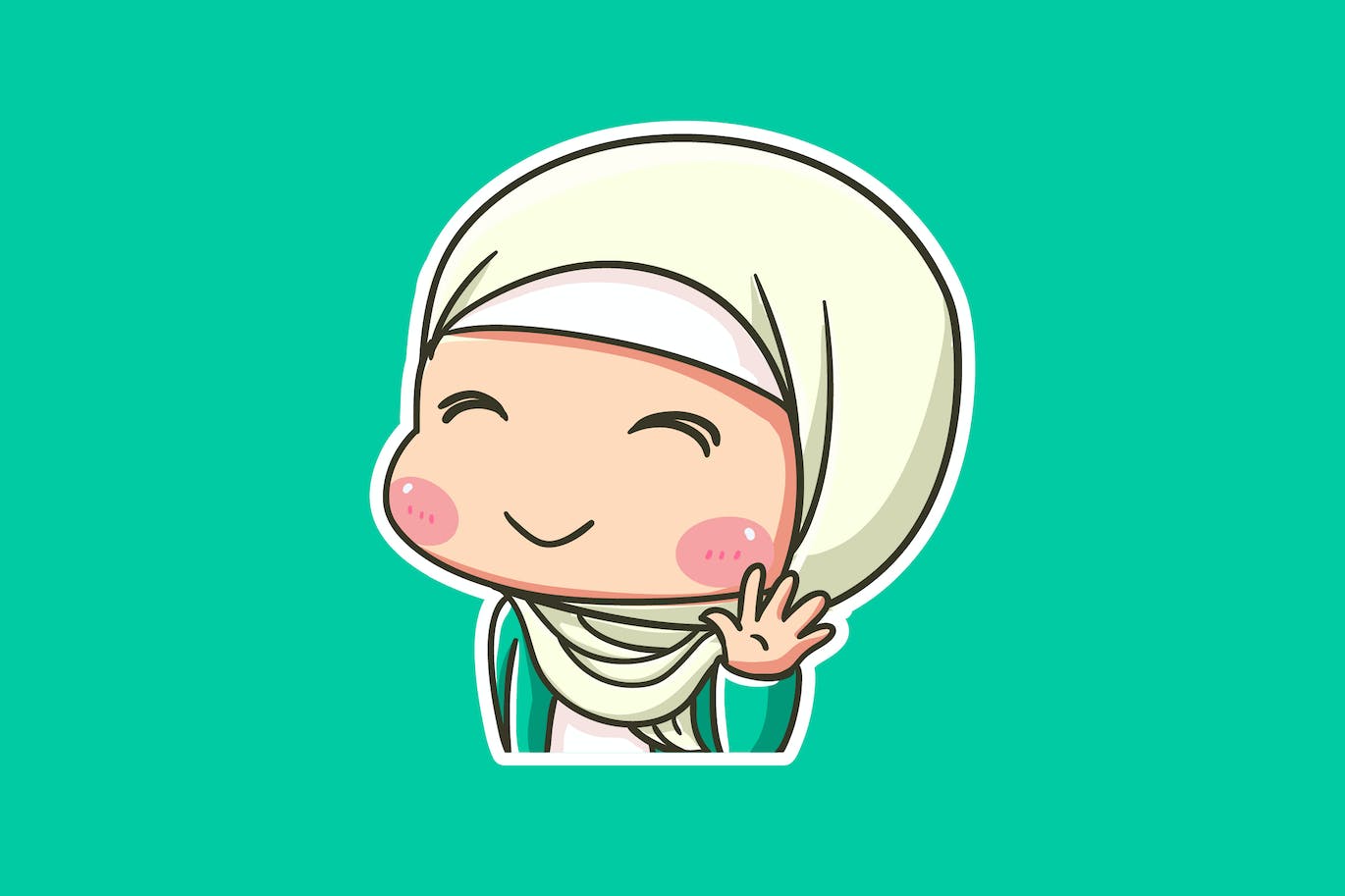 可爱的头盖女性矢量插画 Cute Female Hijab Smile and Wave Hi Illustration-1