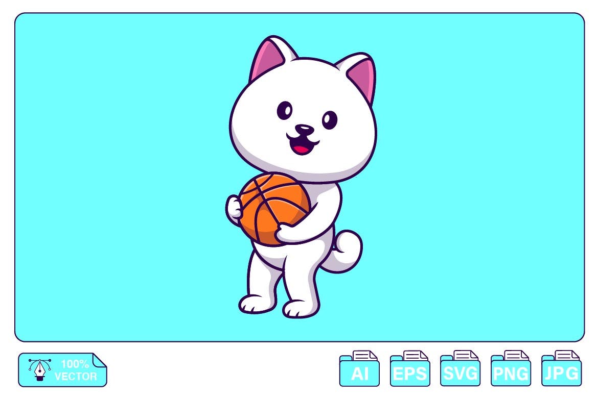 可爱卡通篮球斯皮茨狗动物插画 Cute Spitz Dog Holding Basket Ball Cartoon-1
