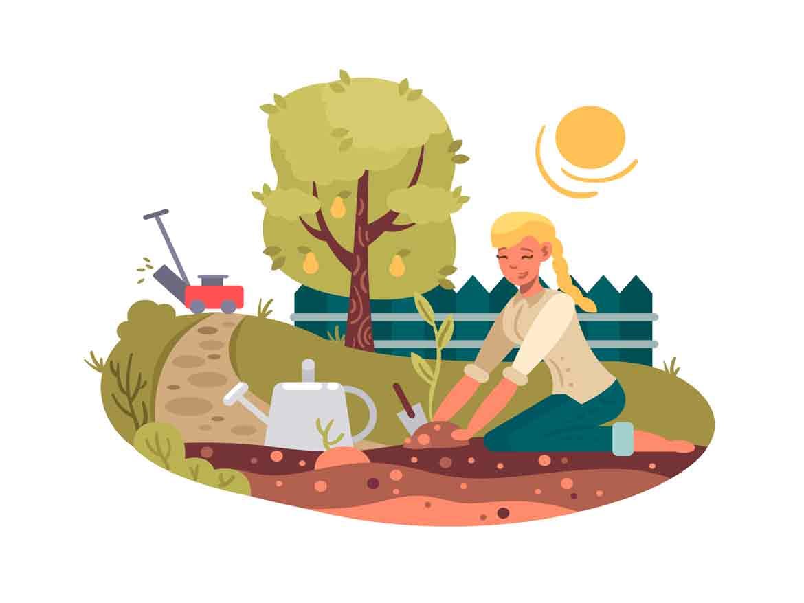 在绿色花园里种苗的小女孩矢量插画 Young Girl Planting Seedling in Green Garden-2