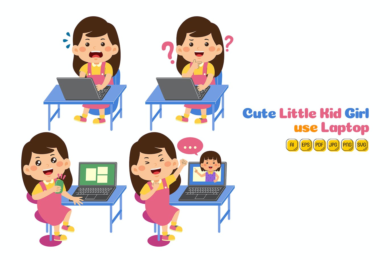 可爱的小女孩使用笔记本电脑矢量素材 #01 Cute Little Kid Girl use Laptop Vector Pack #01-1