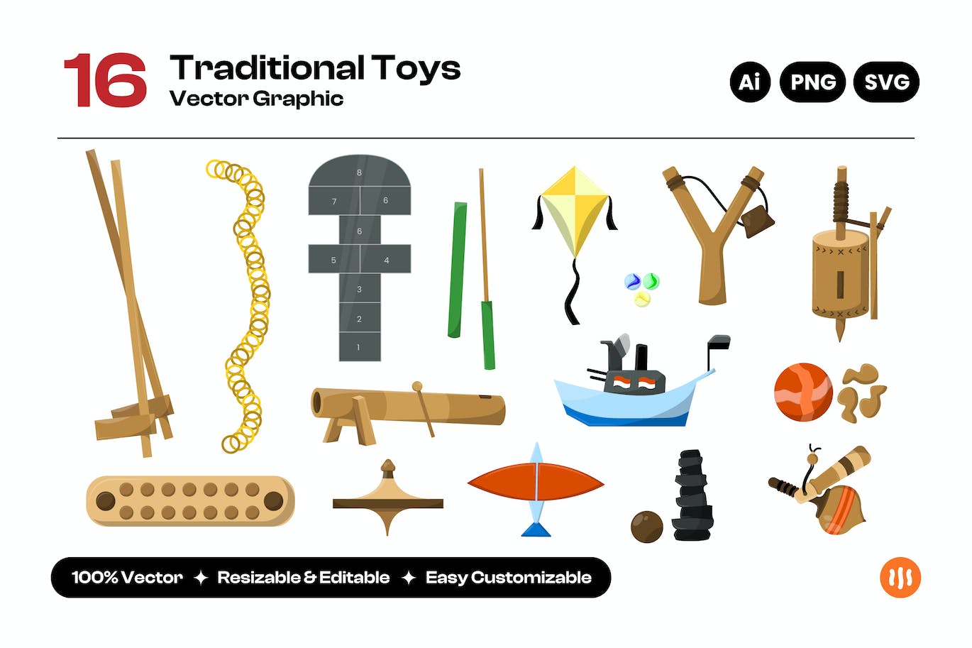 印度尼西亚传统玩具矢量图形素材 Vector Indonesia traditional toys collection-1