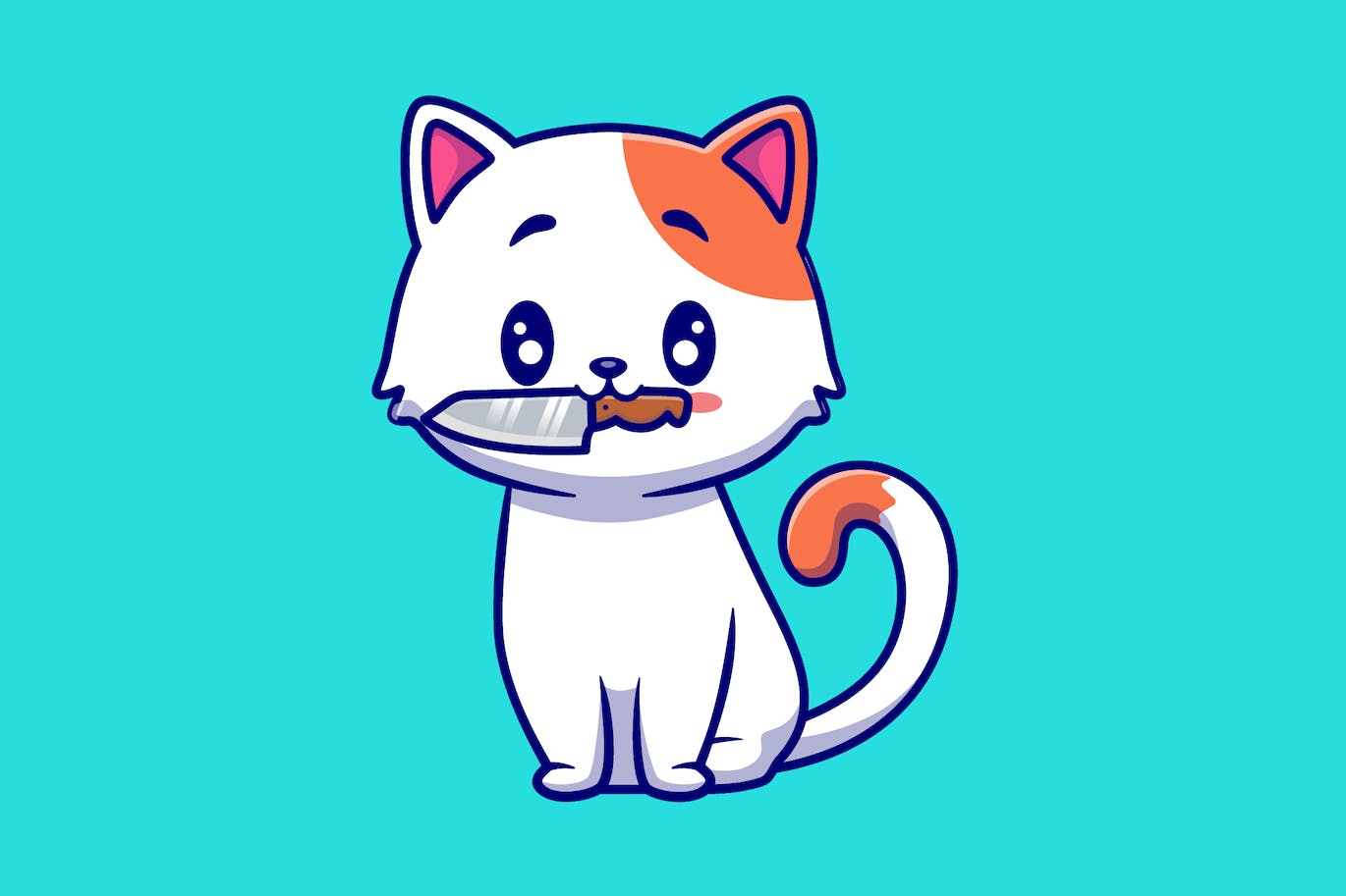 可爱的猫与刀卡通插画 Cute Cat With Knife Cartoon Illustration-1