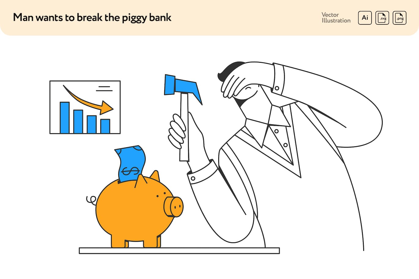 收入下降概念矢量插画素材 Man Wants to Break the Piggy Bank-1