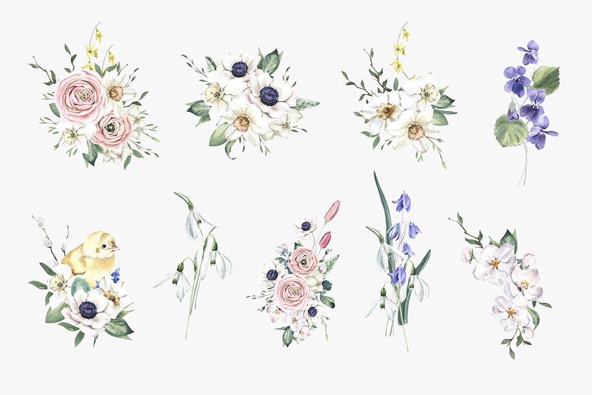 盛开的春季水彩花束手绘插画 Blooming Spring Watercolor Bouquets-2