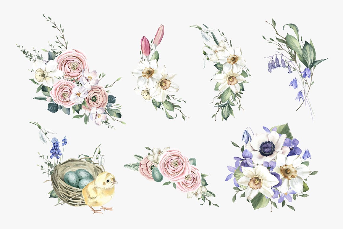 盛开的春季水彩花束手绘插画 Blooming Spring Watercolor Bouquets-3