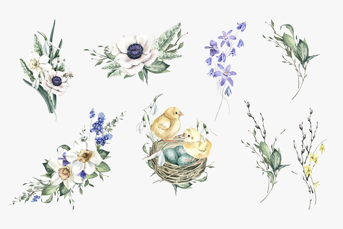 盛开的春季水彩花束手绘插画 Blooming Spring Watercolor Bouquets-4