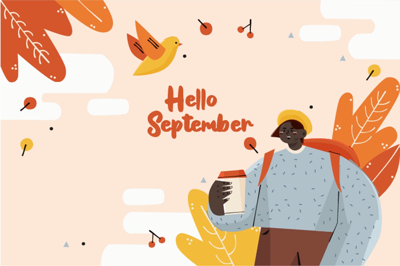 “你好，秋天”矢量插画背景图 Hello September Autumn Background Illustration-1