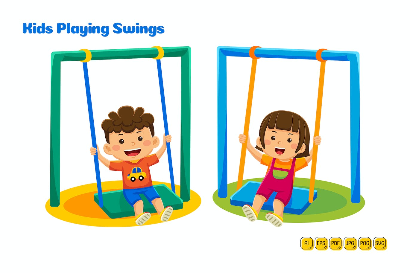 孩子们玩秋千矢量儿童插画素材 #02 Kids Playing Swings Vector Pack #02-1
