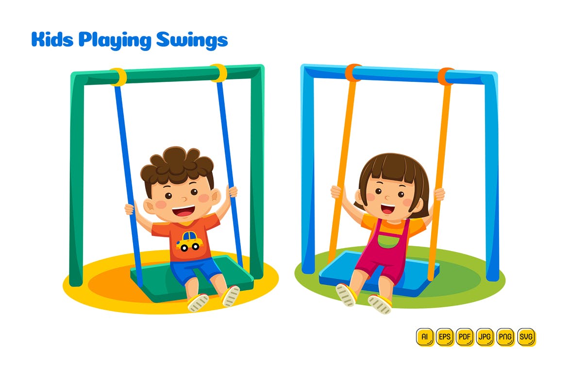 孩子们玩秋千矢量儿童插画素材 #02 Kids Playing Swings Vector Pack #02-2