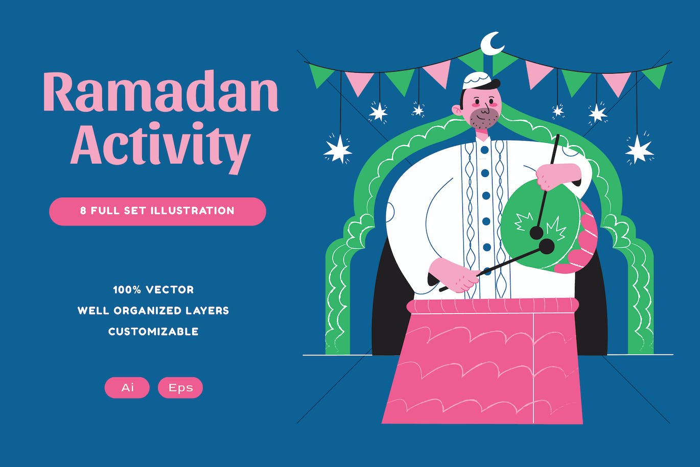 蓝色平面设计斋月活动插画套件 Blue Flat Design Ramadan Activity Illustration Set-1