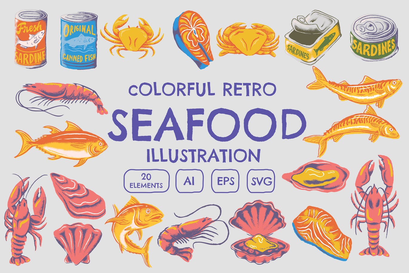 海鲜食品复古插画 Seafood Retro Illustration-1