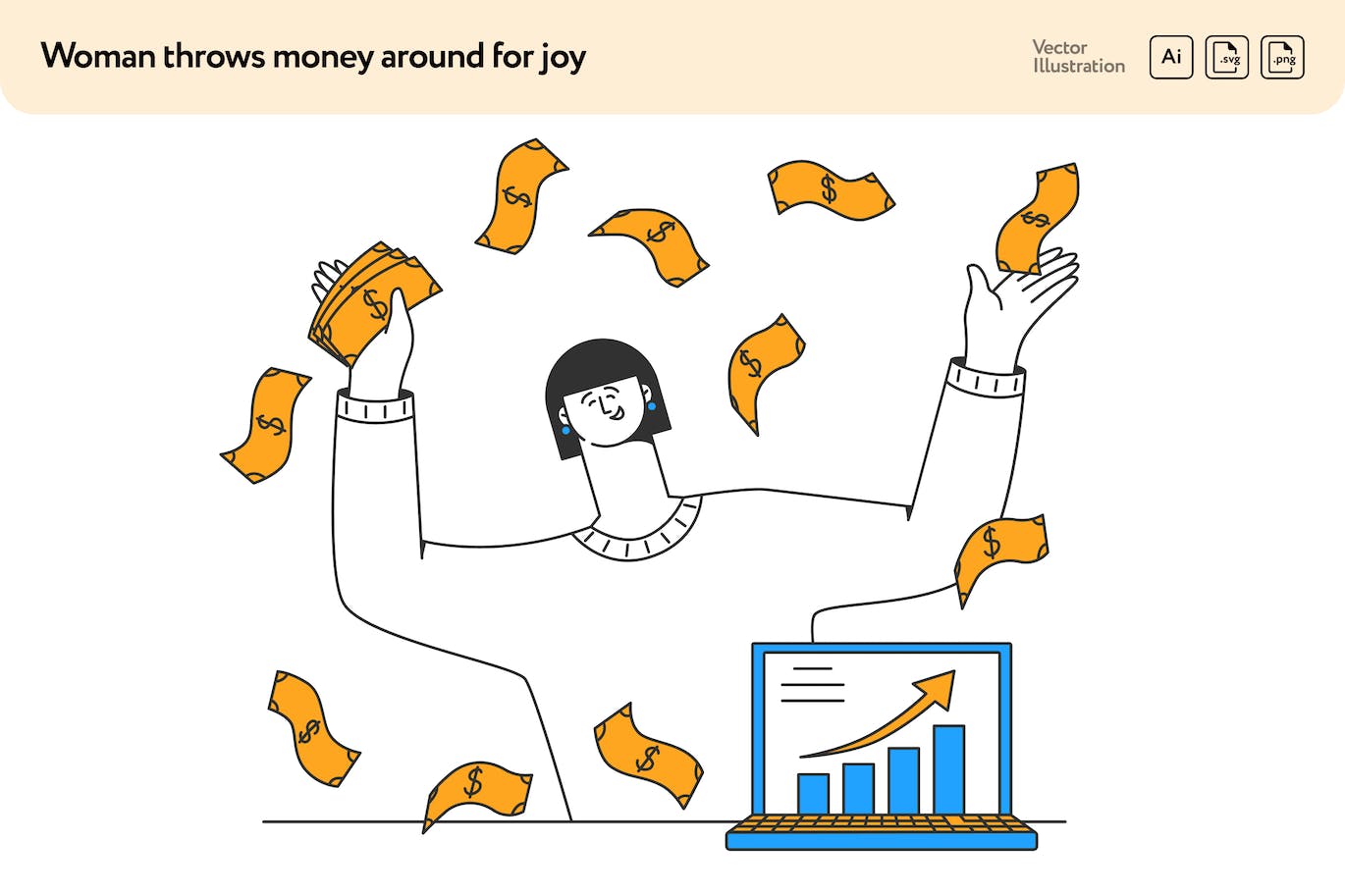 撒钱收入增加概念矢量插画素材 Woman Throws Money Around for Joy-1