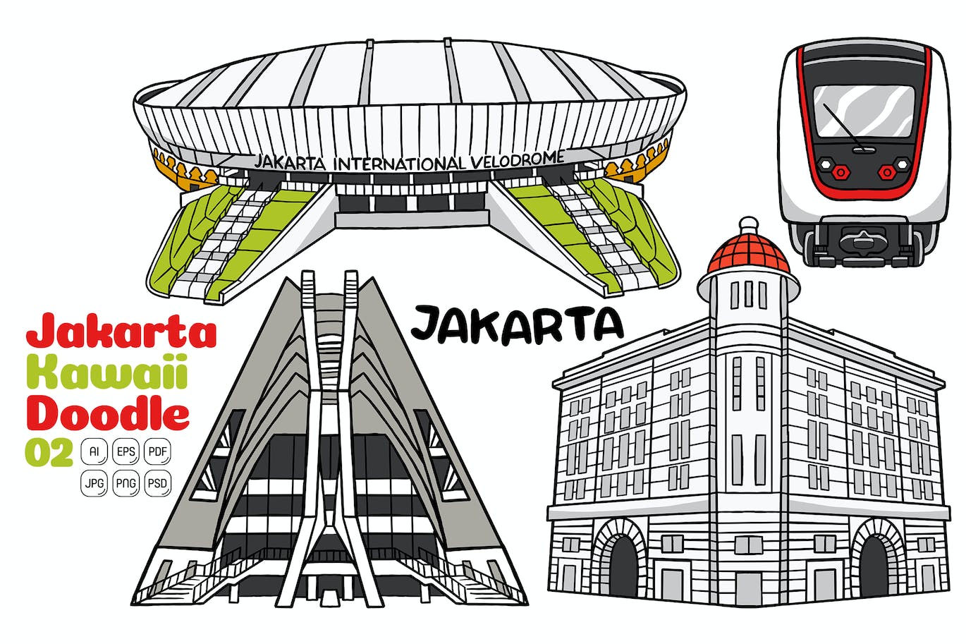 雅加达涂鸦艺术风格矢量插画 Jakarta Kawaii Doodle Vector Illustration #02-1