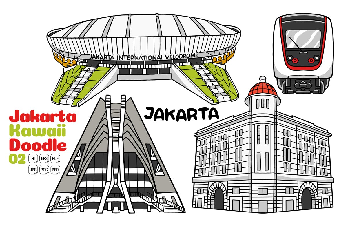 雅加达涂鸦艺术风格矢量插画 Jakarta Kawaii Doodle Vector Illustration #02-2